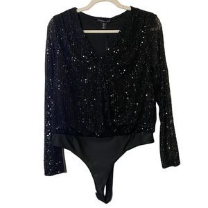 Sincerely Jules Sequin Bodysuit Long‎ Sheer Sleeves V Cut Snap Black Size Large